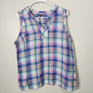 Talbots Petite XL Linen Sleeveless Plaid Blouse Multi Color Notched V-Neck Top